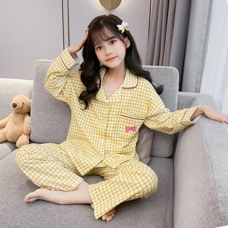 

Весенне-летние длинные пижамные комплекты для подростков 2022, милая домашняя одежда для сна, детские пижамы для девочек, детская клетчатая рубашка, штаны, детский пижамный комплект с принтом
