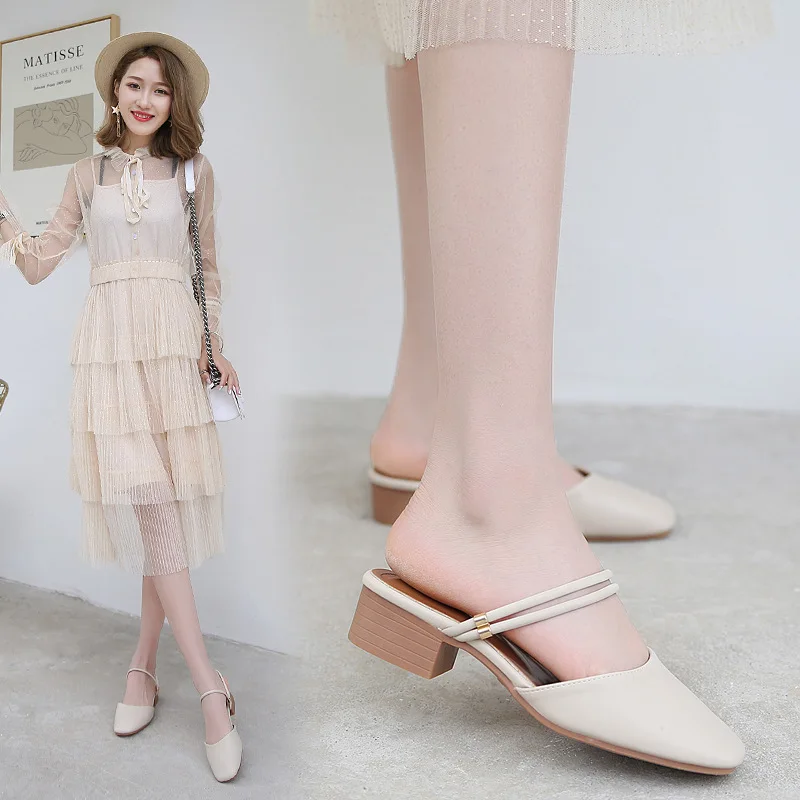 

Two Wears Summer Mules Shoes Woman Double Narrow Ankle Band Slippers Square Toe Sandals Thick Heel Mules Gladiator Sandalias