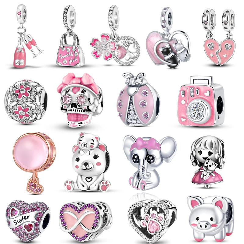 

New Pink series Heart Pendant Beads Fit Original Pandora 925 Sterling Silver Charm Bracelet for Women DIY Fine Jewelry Making