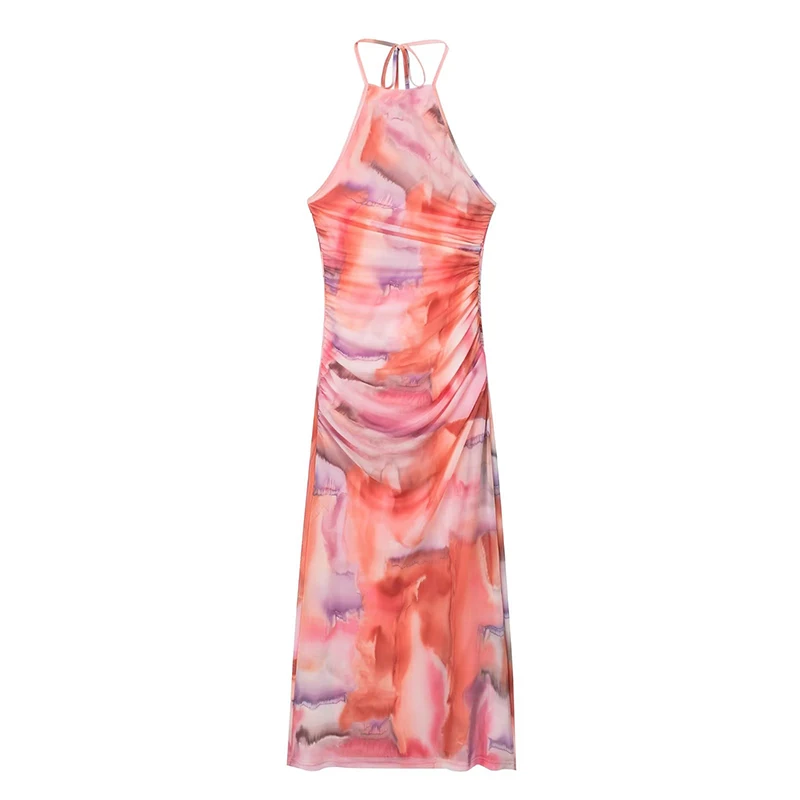 

Summer Women Sexy Backless Printed Halter Midi Mesh Dress