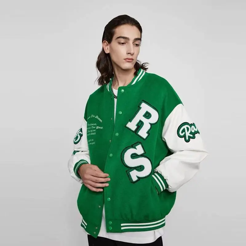 

2022 New Spring and Autumn American Embroidered Bomber Woolen Patch Leather Sleeve Jacket Men's Loose Casual Versatile Coat