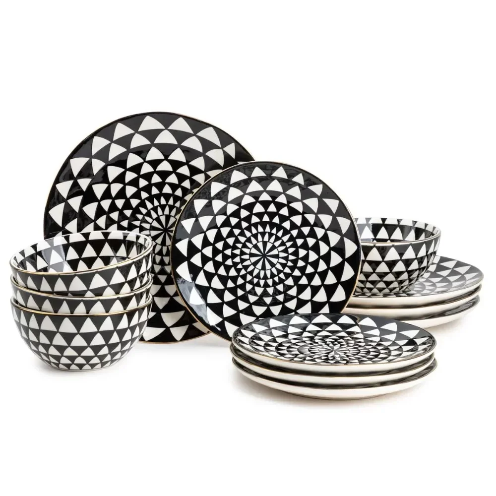 

12 Piece Dinnerware Set Plates Sets for Home Dinner Set Dishes and Plate Set, Black & White Medallion Stoneware