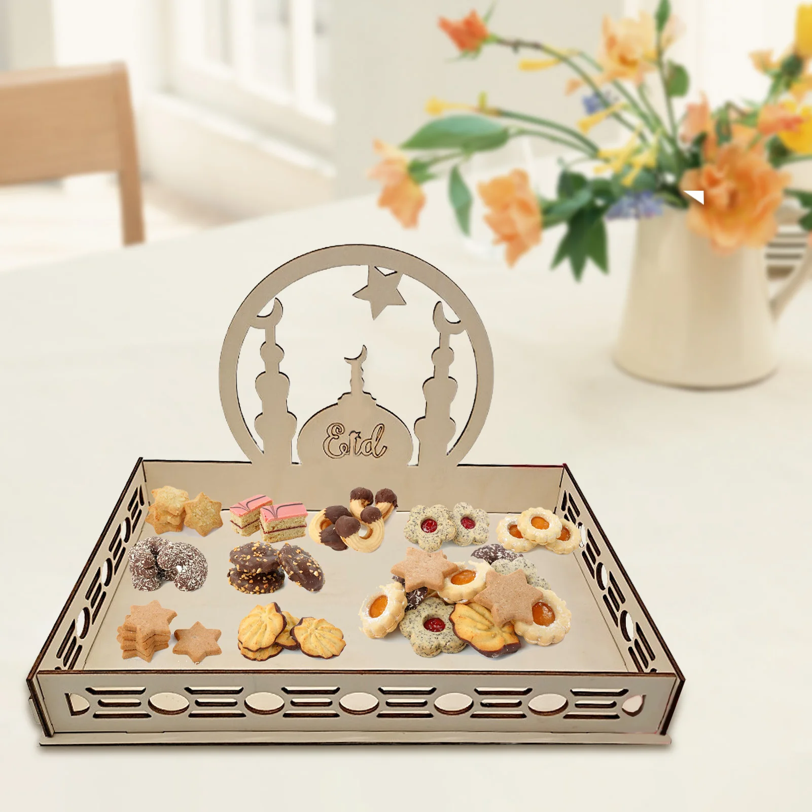 

ИД Мубарак, поднос для еды, подставка для пирожных, деревянный поднос для исламского Рамадана, аппетит, поднос с украшениями Mubarak