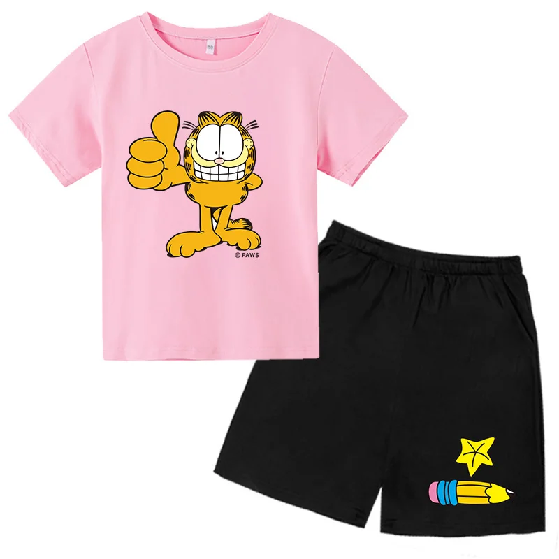 

New orange bobtail cat suit, men's and women's cotton lovely printed cartoon T-shirt set, postage inclusive