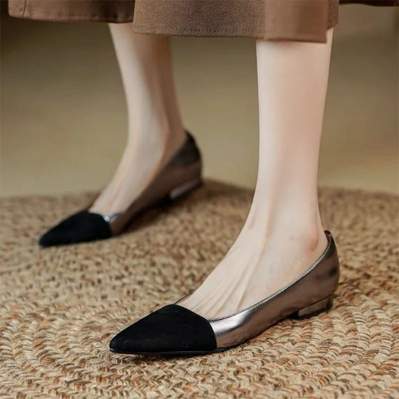 Ladies Dress Shoes Women's Flats Black Toe Boat Shoes Pointed Toe Slip on Flat Shoes for Female Sliver Shallow