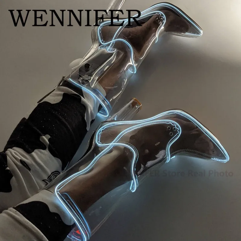 

Neon Pink PVC Transparent Ankle High Heel Boots Pointed Toe LED Light Up Chunky Heels Boot Women Night Club Party Botas De Mujer