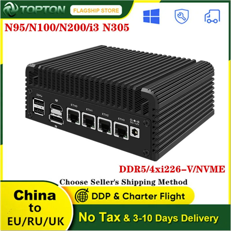 12th Gen Fanless Firewall Soft Router Intel i3 N305 N200 N100 DDR5 4800MHz 4xi226-V 2.5G LAN Mini PC Proxmox ESXi Host Server