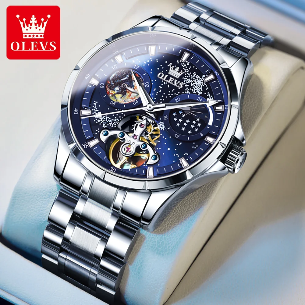 OLEVS 2023 Fashion Luxury Men Starry Sky Hollow Multifunctional Stainless Steel Strap Luminous Waterproof Mechanical Watch 6673