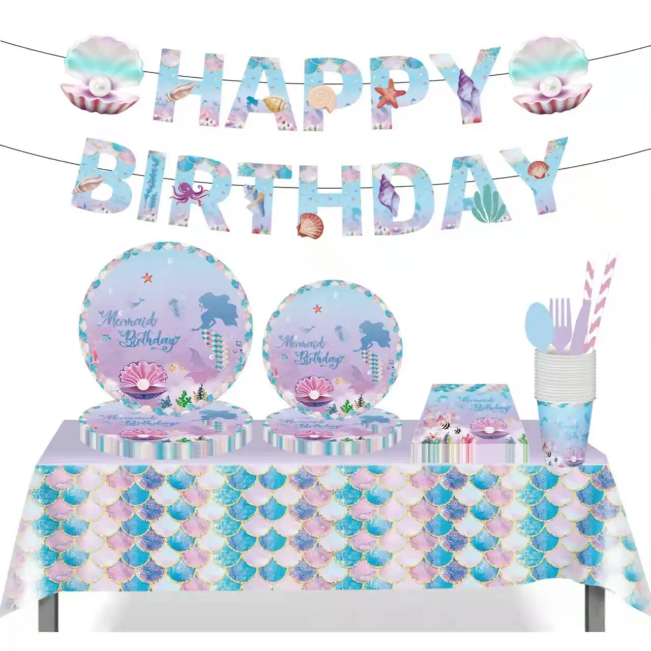 

Ocean Mermaid Party Disposable Tableware Set Girl 1st Birthday Decoration Shell Pearl Paper Plate Napkin Cup Baby Shower Gift