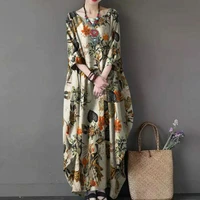 cotton linen spring autumn long dress fashion clothes for women 2022 floral printed pullover loose waist half sleeve 5xl dresses