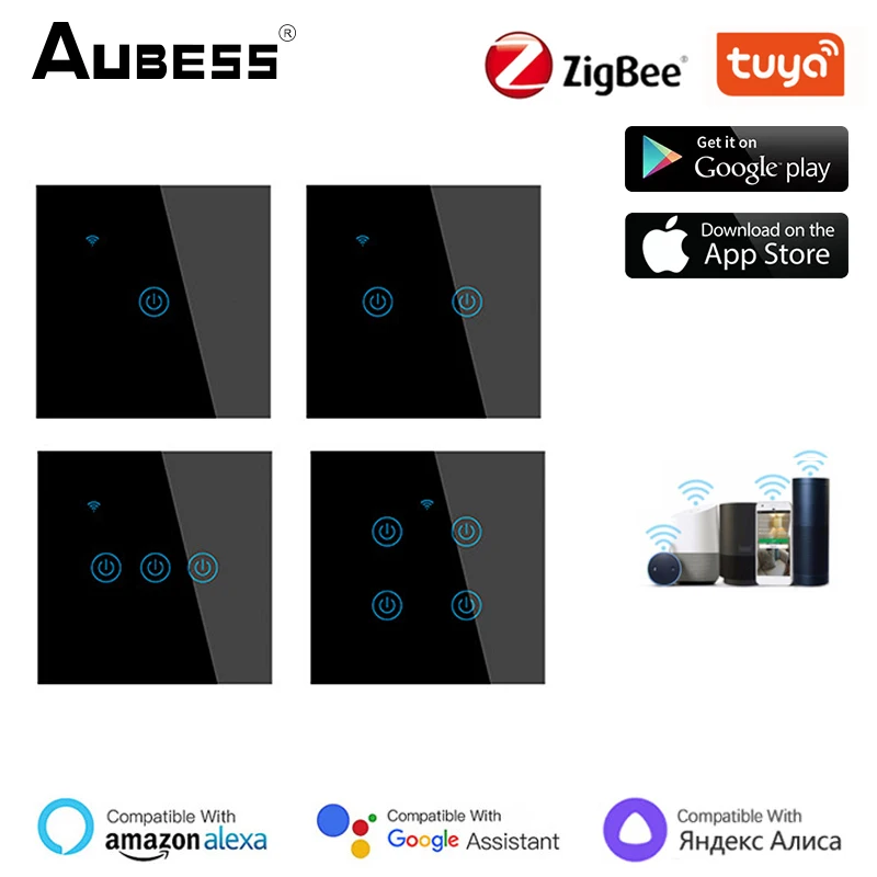 Aubess Zigbee Tuya WiFi Smart Light Switch Glass Panel Touch Sensor Smart Wall Switch Voice Work With Yandex Alexa Google Home