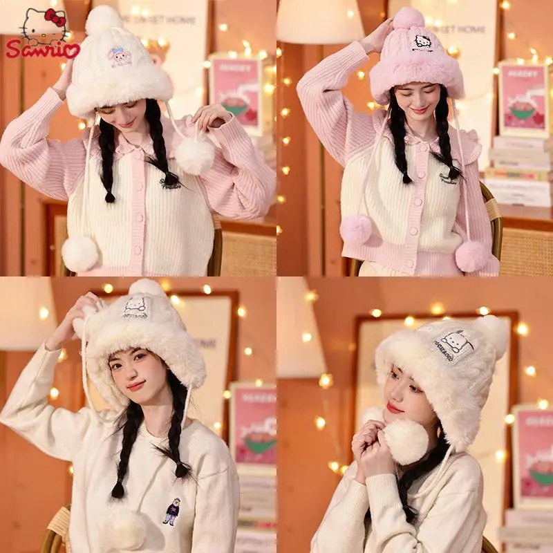 

Cartoon Sanrios Hello Kitty Kuromi Cinnamoroll Kawaii Cute Girls Fall and Winter Cute Plush Hat Students Cold Warm Hat Kids Gift