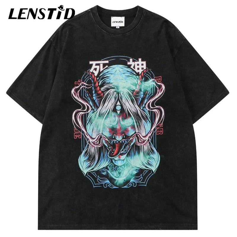 

Summer Men Washed Tshirts Hip Hop Japanese Ghost Devil Graphic T-Shirts Punk Gothic Streetwear Harajuku Casual Cotton Tops Tees