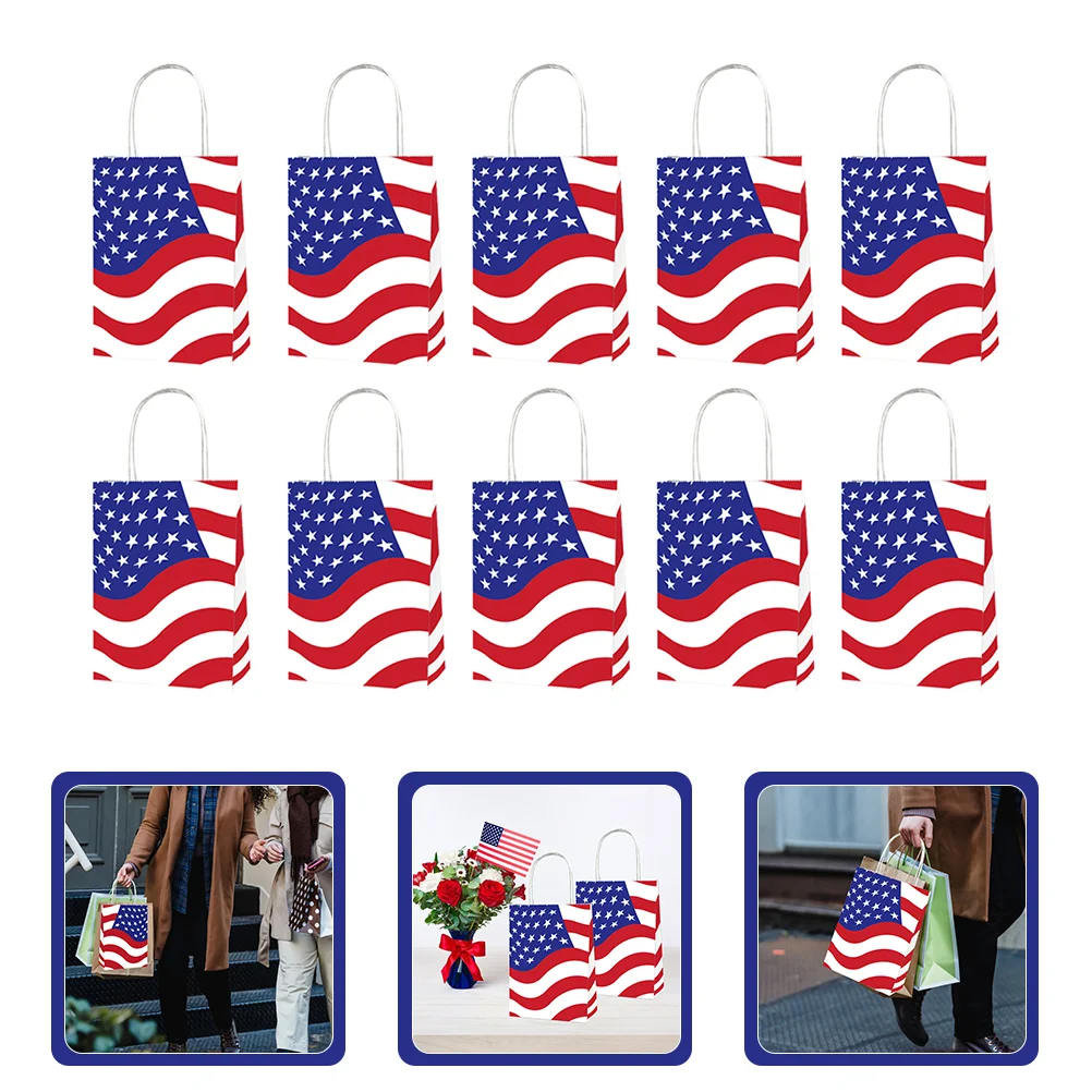 

10pcs Decorative American Flag Gift Bags Patriotic Paper Shopping Bags for 4th of July