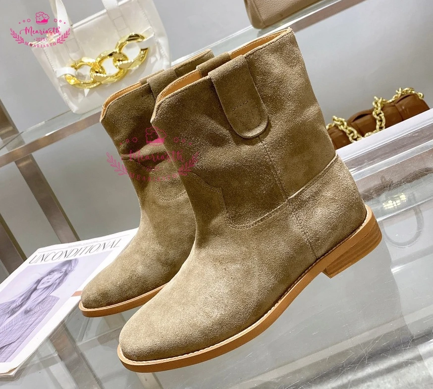

Fashion Suede Womens Shoes Wedge Vintage Ankle Boots Genuine Lether Women's Slip On Snow Boots 2023 New Warm Womens Flat Shoes