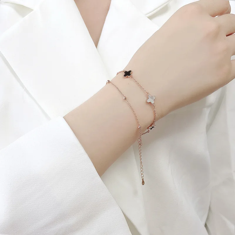 

Yin Ruixiang 2022 New S925 Silver Lucky Four-leaf Clover Double-layer Bracelet Light Luxury Girlfriend Girlfriend Bracelet