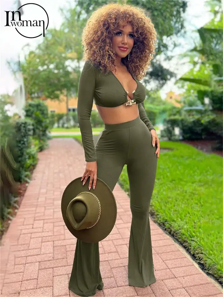 

Inwoman Autumn Sexy Solid 2 Two Piece Sets Club Outfit For Women 2022 Long Sleeve V Neck Crop Top And Flare Pants Sets Female