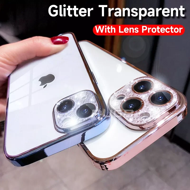 

Glitter Diamod With Lens Protector For iPhone 11 12 13 Pro Max Plating Matte Transparent Silicone Shockproof Cover