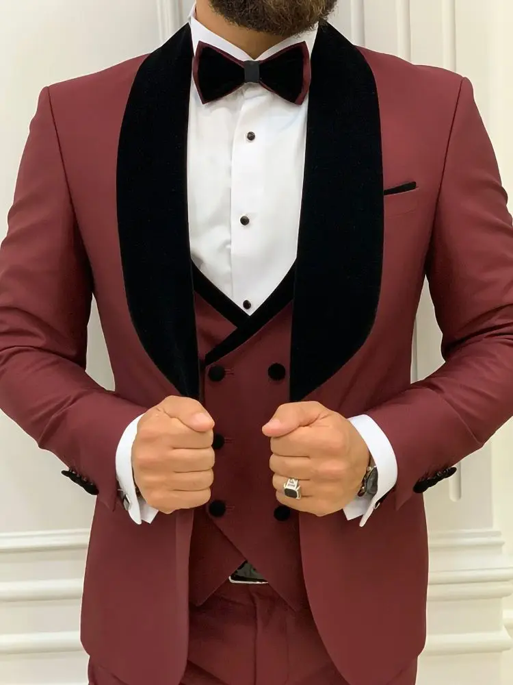 

Burgundy Wedding Groom Tuxedo Suits Slim Fit Bridegroom For Men 3 Pieces Groomsmen Suit Male Business And Leisure Costume Homme