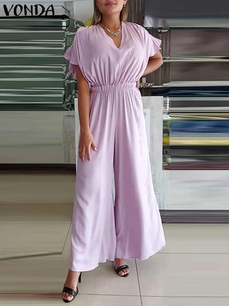

Summer Women Jumpsuits VONDA 2022 Elegant Short Sleeve Wide Leg Pants Pockets Fashion Sexy V Neck Pleated Long Trousers Feminina
