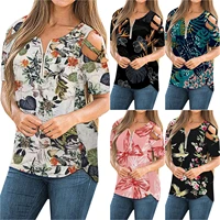 summer fashion print womens off shoulder cross short sleeve shirt floral loose casual office versatile t shirt tops female