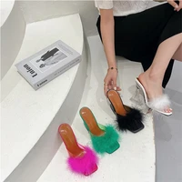 spring new open toe one line high heeled transparent fur sandals and slippers womens large size outer wear