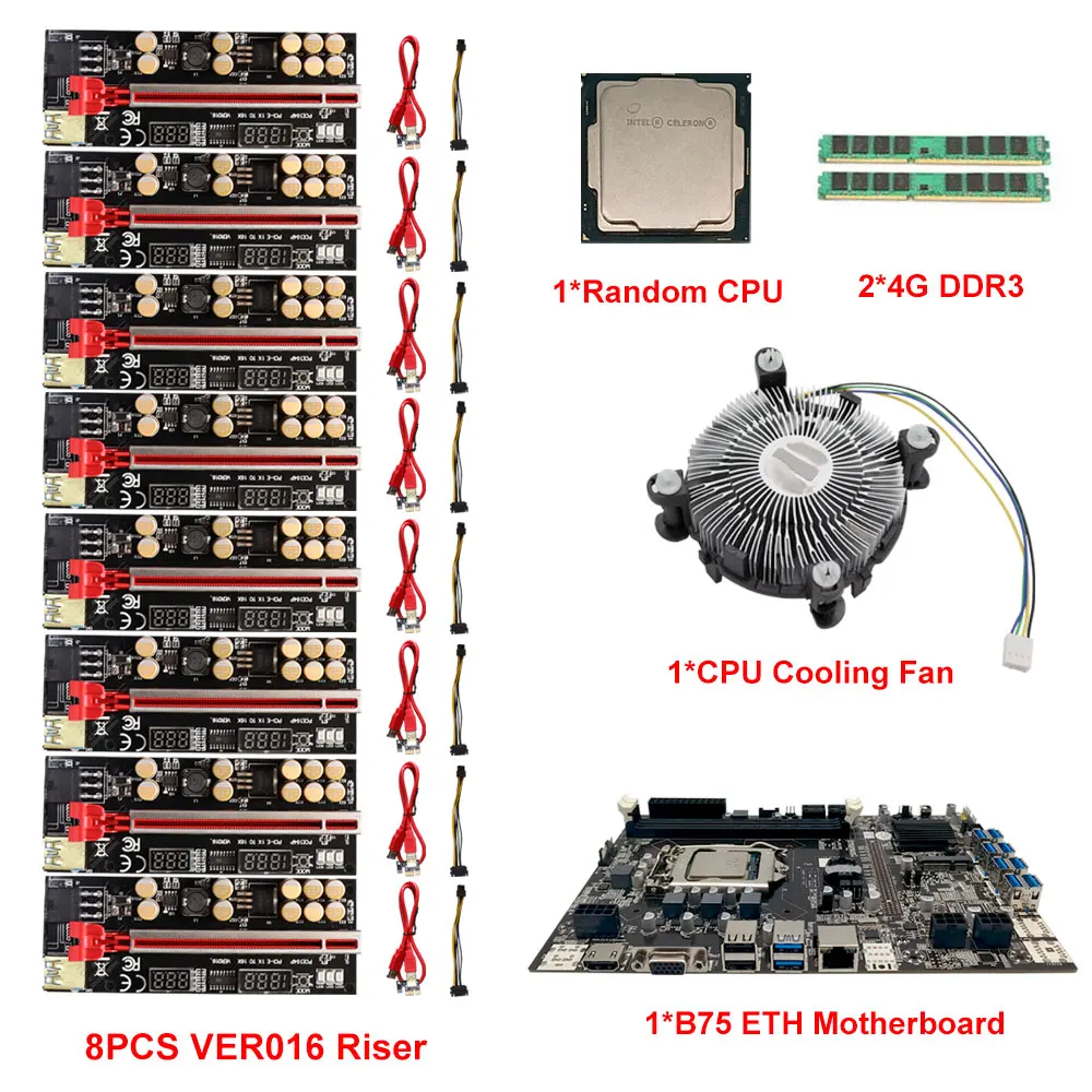 

BTC B75 Mining Motherboard Set VER 016 009s PCI-E Riser Card 8 USB 3.0 To PCI-E 16X GPU Graphics Card DDR3 ETH Bitcoin Miner Rig