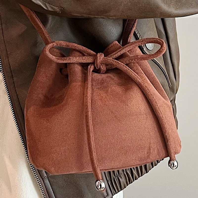 

Female Drawstring Bucket Handbag Small Brown Nubuck Leather Women's Maillard Wallet Shoulder Bag Suede Ladies Crossbody Bags Sac