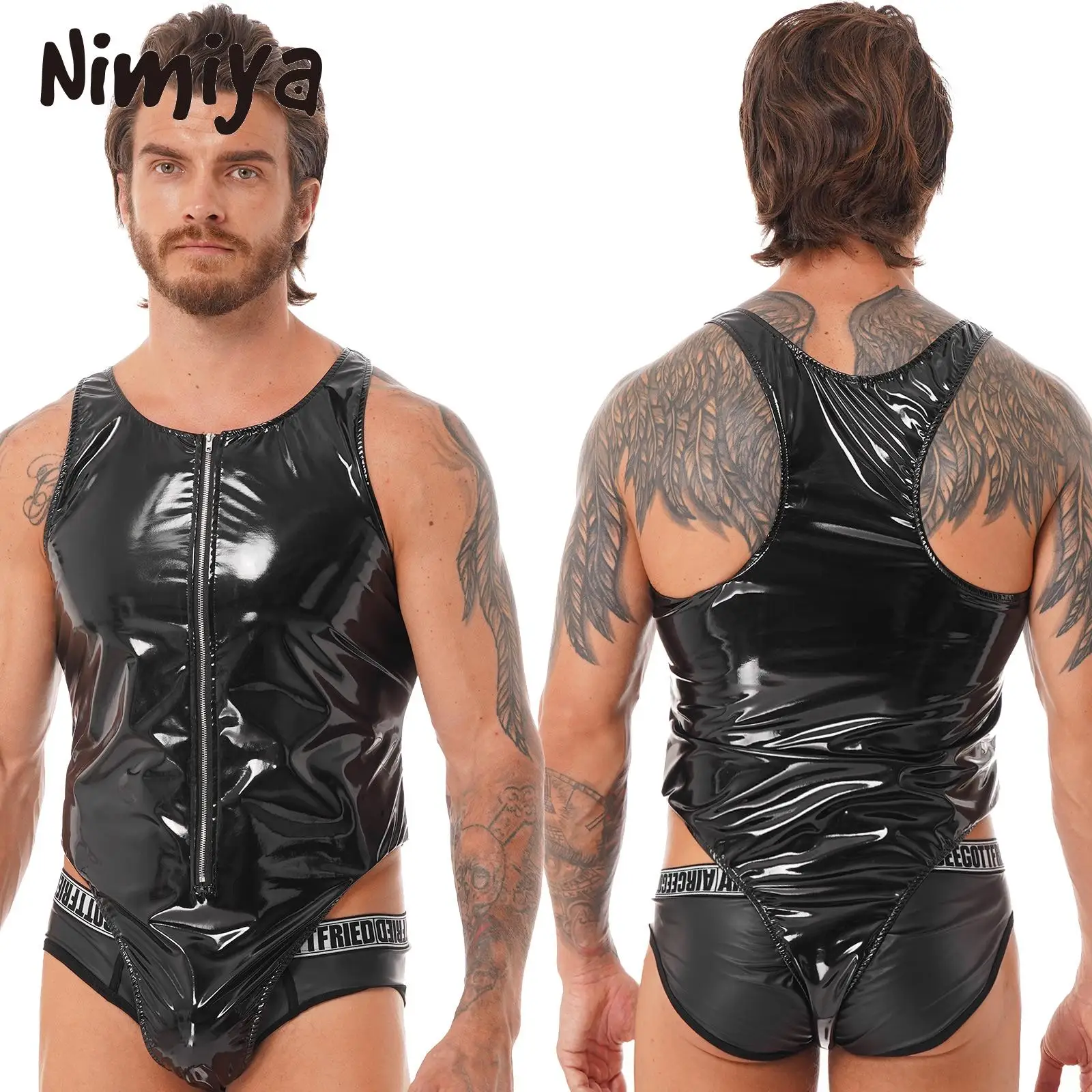 

Nimiya Mens Glossy Wet Look Black Pu Leather Sleeveless One-piece U Neck Swimwear Bodysuit with Zipper 4XL Soft Leotard Clubwear