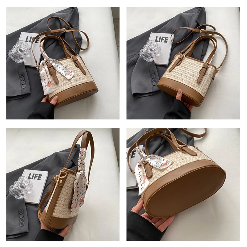 Women Casual Straw Woven Bag Lady Vocation Drawstring Cover Bucket Shoulder Bag Female Summer Outdoor Shopping Handbags