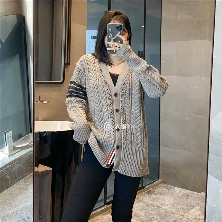 Twist V-neck retro sweater spring new tb college style four-bar all-match casual cardigan jacket