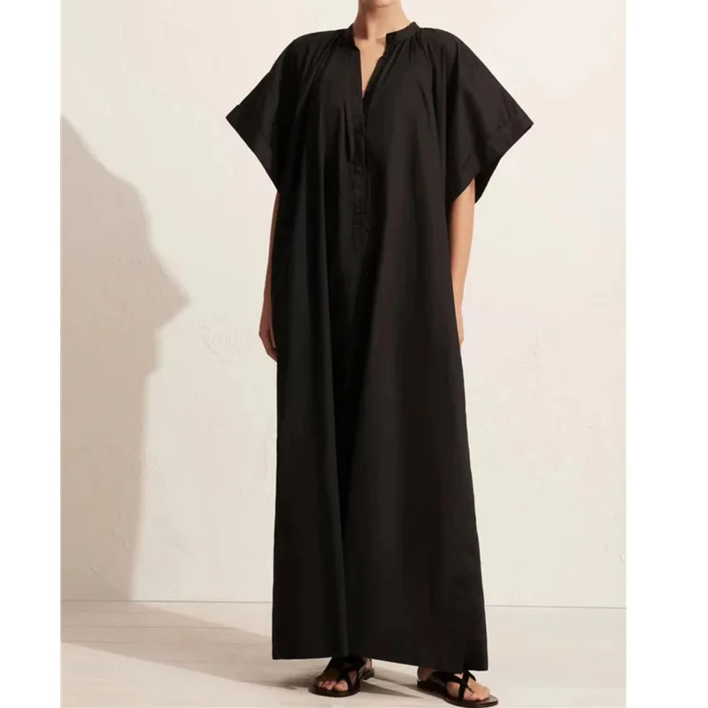 2023 Spring and Summer New Small Stand-up Collar Temperament Slim Short-sleeved Loose Black Belted Dress Long Dress