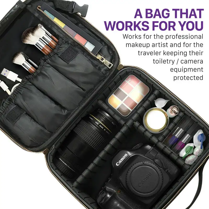 High Quality Professional Multifunctional Portable Small Black Travel Makeup Bag with Adjustable Dividers and Carry Strap, Perfe