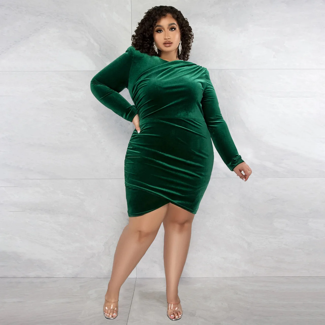 Plus Size Women Clothing Solid Long Sleeve Above Knee Mini Sheath Party Dresses Evening Dresses Sexy & Club Dress Ladies Slim