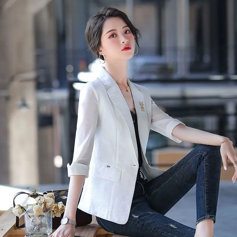 Thin Small Suit Jacket Women's Spring and Summer 2023 Korean Version Slim Mesh Thin Short Seven-sleeve Suit Blouse