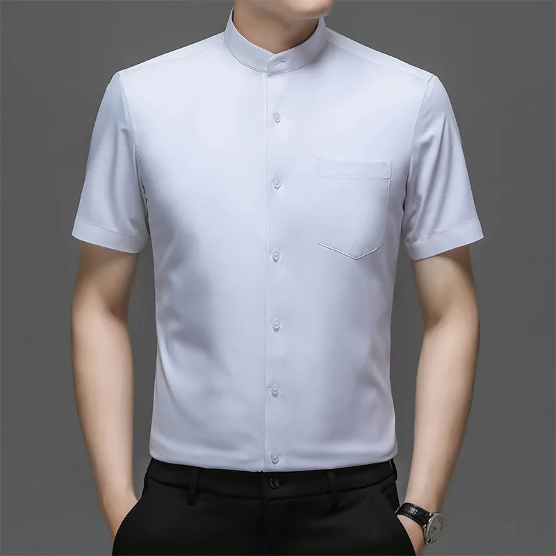 

Summer New Men's Short Sleeve Shirt Casual Business Wrinkle Resistant White Shirt Men's Slim Fit Standing Collar Solid Color Shi