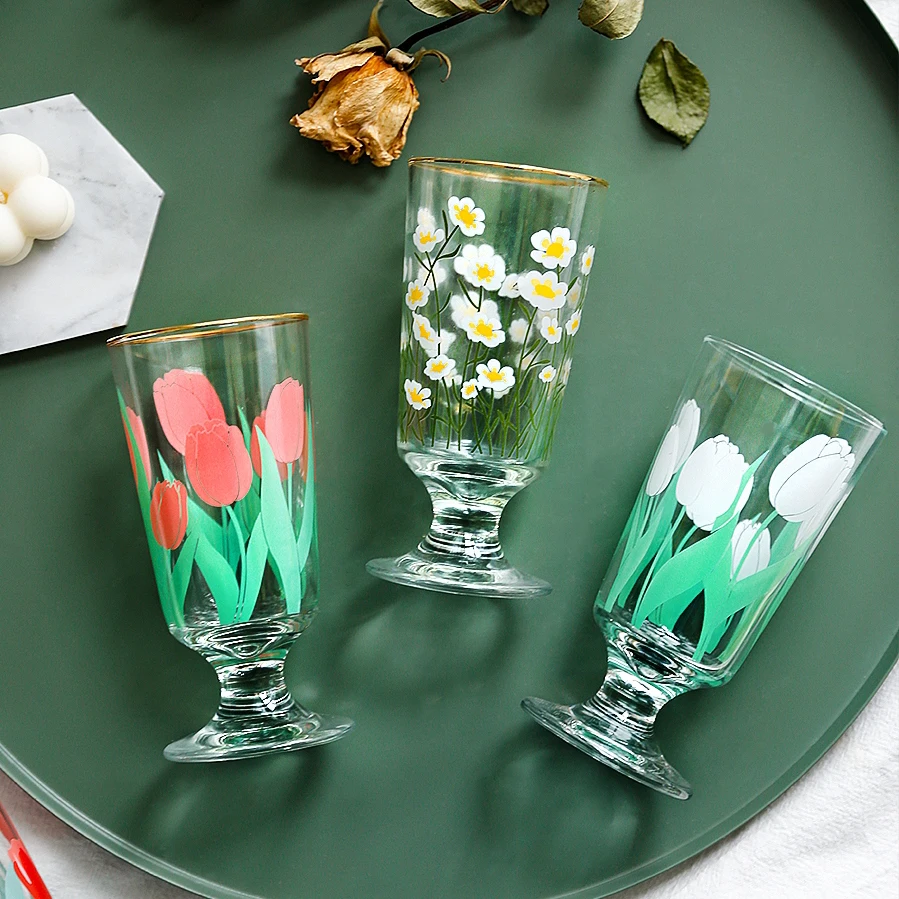 

280ml Vintage Chrysanthemum Whiskey Shot Glass Tulips Snifter Gold Foil Milkshake Vodka Glass Cup Multi-purpose Wine Set Goblet