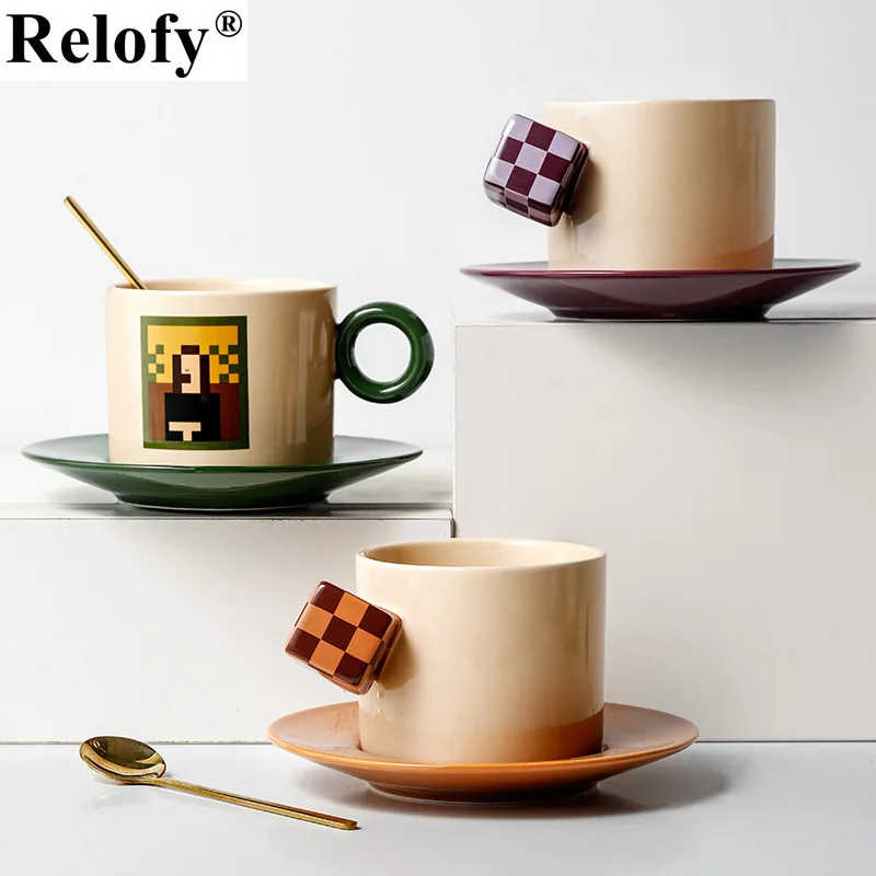 

250ml Ceramic Rubik's Cube Coffee Cup with Spoon and Saucer Set Home Porcelain Tea Coffee Cups Juice Milk Mugs Drinkware