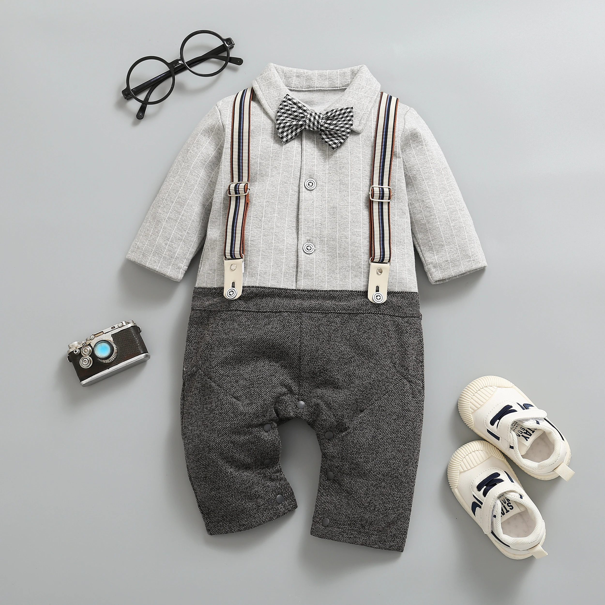 BINGOBOOM Newborn Baby Boy Romper Long Sleeves Infant Plaid Bow Neck Style Bebe Clothes Little Gentle Man 2 In 1 Babe Jumpsuit
