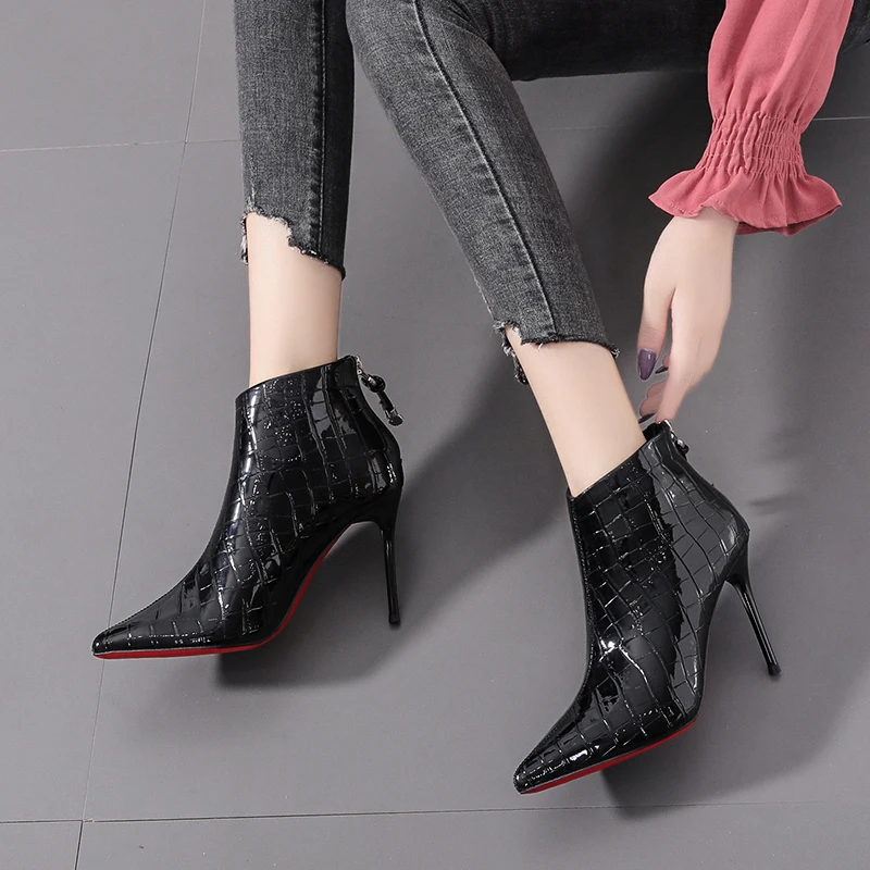 Pointed Pure Black Patent Leather Zipper Women's Boots Winter Sexy Crocodile Leather Ankle Boots Stiletto High Heels Short Boots