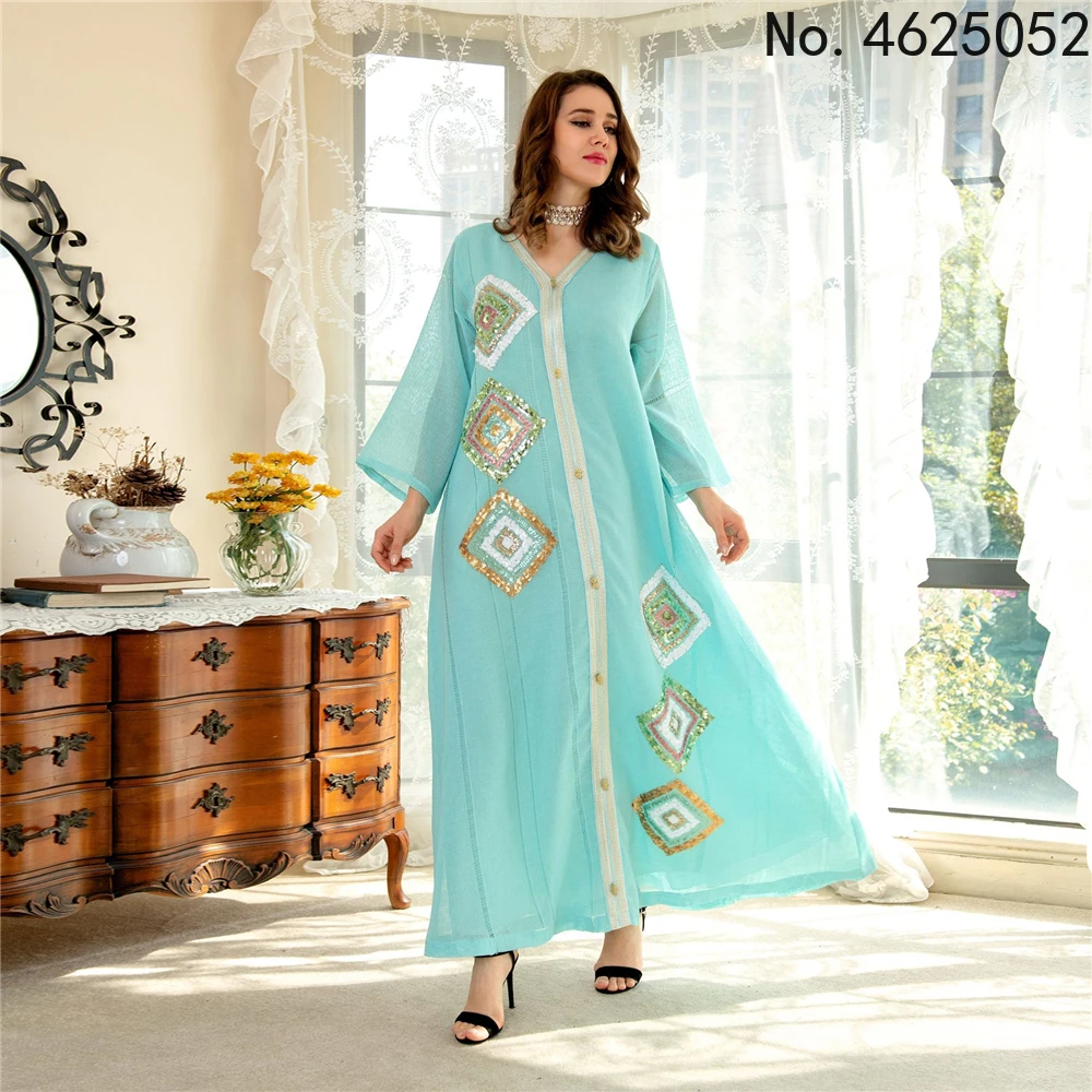 

Summer Sequins Embroidered Long Dress Muslim Ramadan Clothing Women Holiday Party Elegant Casual Loose Cotton Linen Maxi Abaya