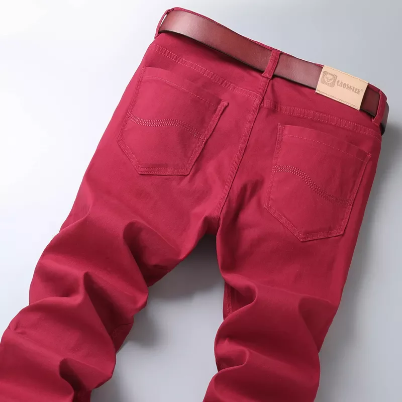 2022New and summer men's wine red jeans fashion casual boutique business casual straight denim stretch trousers men's br