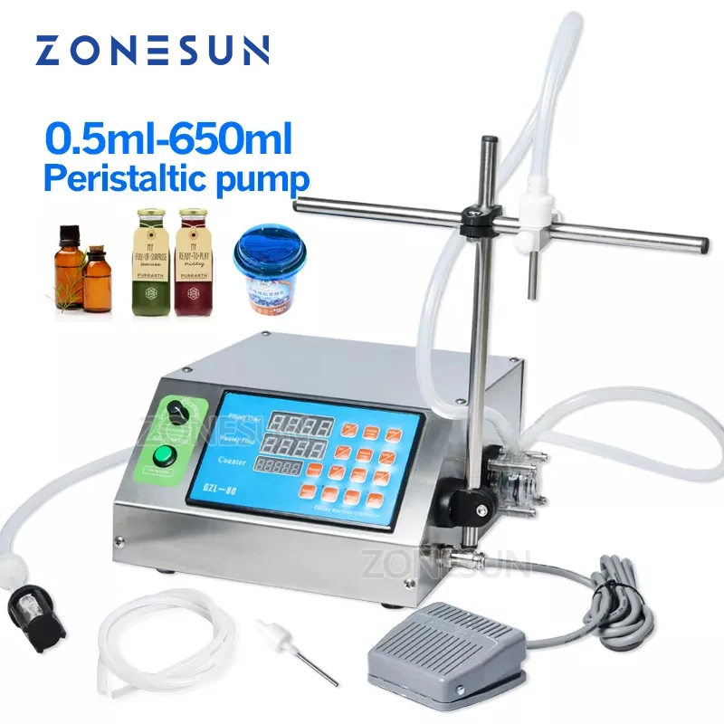 ZONESUN 0.5-650ml Semi-automatic Water Filling Machine Liquid Filler Vial Bottle juicy fruit Oil Perfume Peristaltic Pump