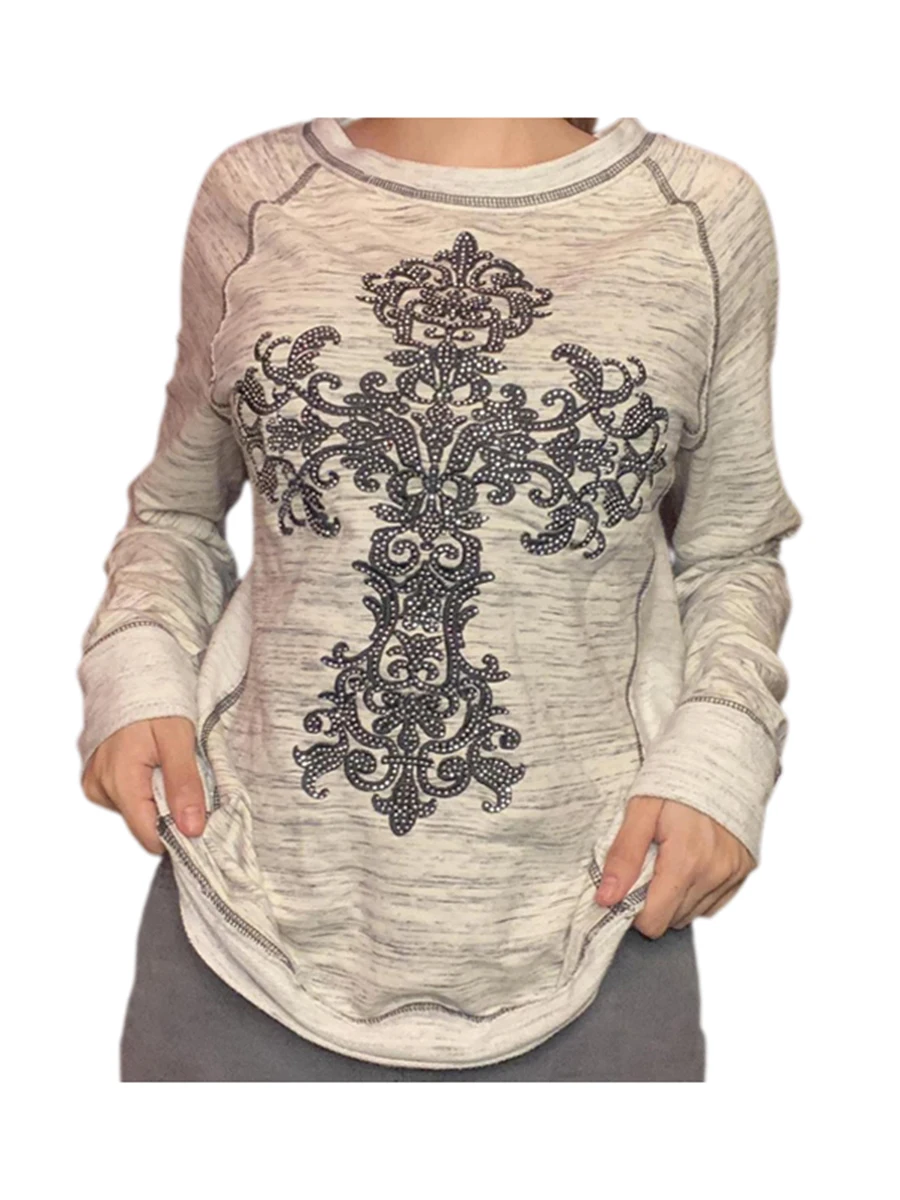 

Women Loose Tops Long Sleeve Round Neck Retro Flower Artificial Crystal Casual Party Street Fall Tops