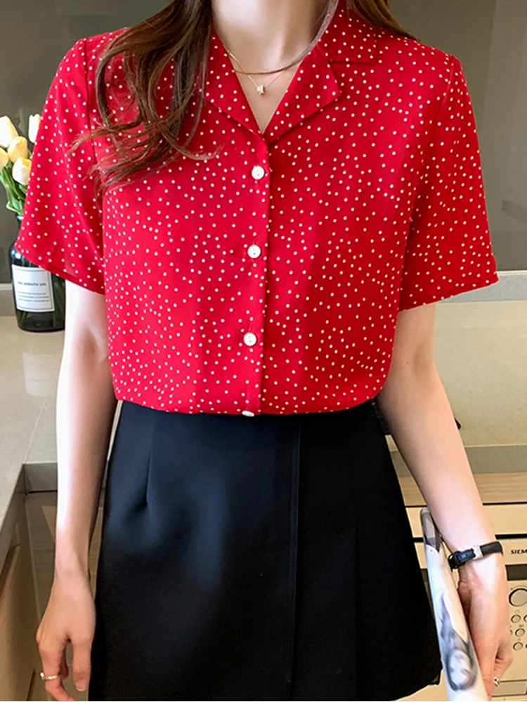 

Print Polka Dot Tops Women Blouse 2022 Summer Notched Collar Short Sleeve Shirts Chiffon Womens Clothes Blouses Camisas De Mujer