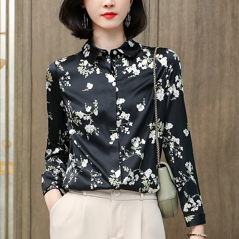 

Real Silk Women's Shirts Long Sleeve Fashion Woman Satin Blouses Women Clothing Floral Print Blouse Female Casual Shirt Tops