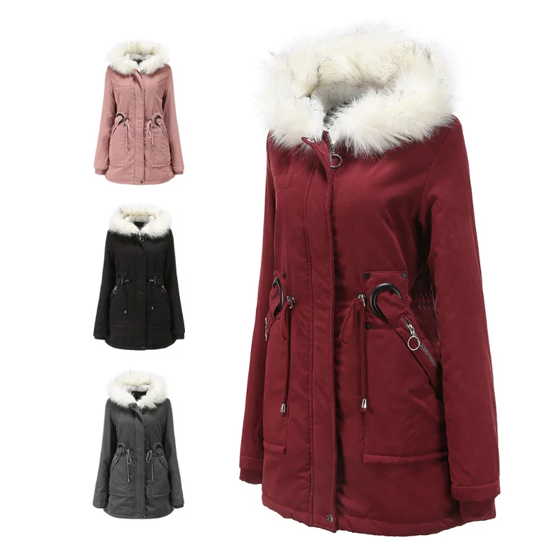 Grey Cotton Coat Women Long Hooded White Fur Collar Winter Warm Wool Overcoat Women's Cotton Jacket Cold Coat