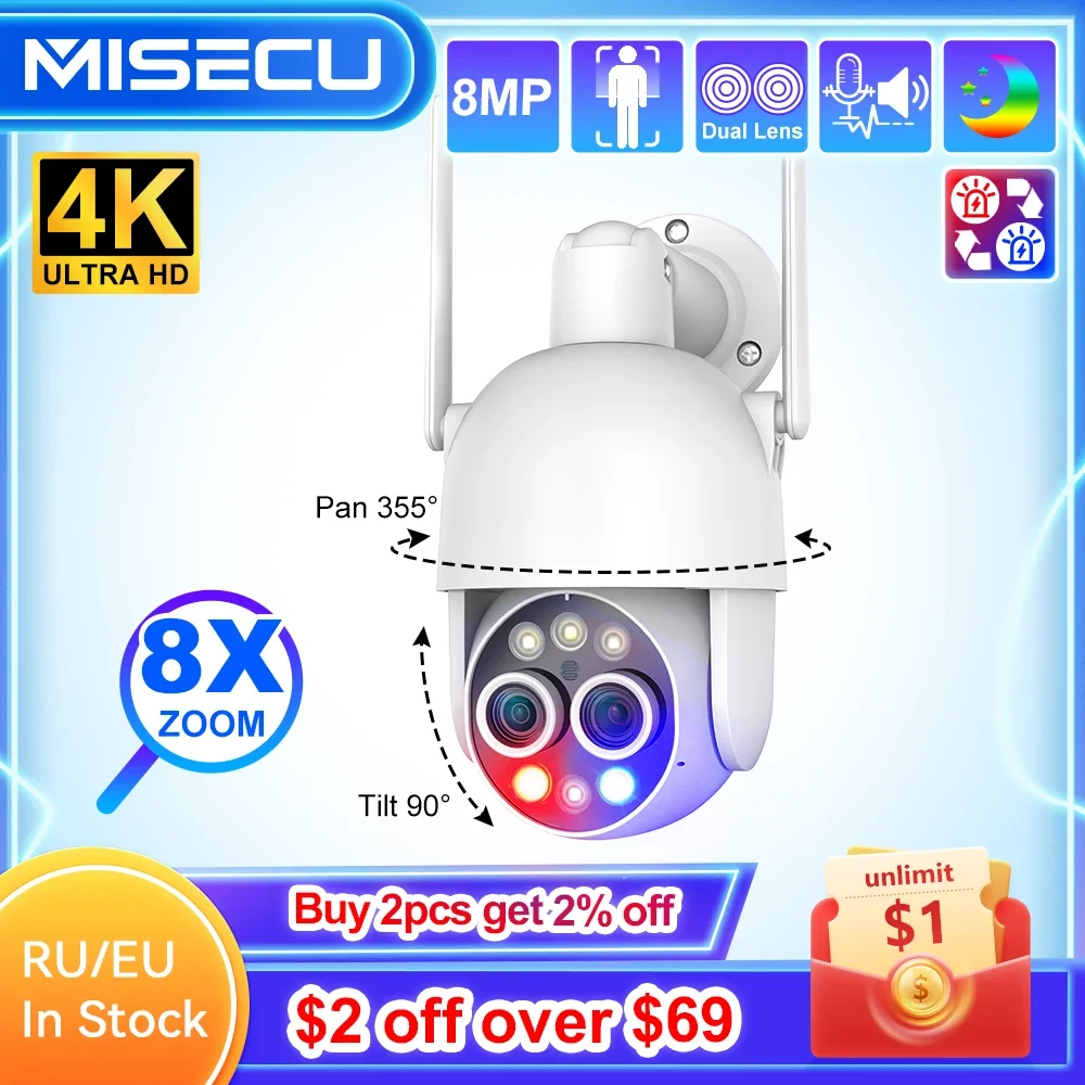 MISECU UHD 4K 8X PTZ Гибридный зум 2 8 мм 12 двойная объектив Беспроводная IP-камера МП