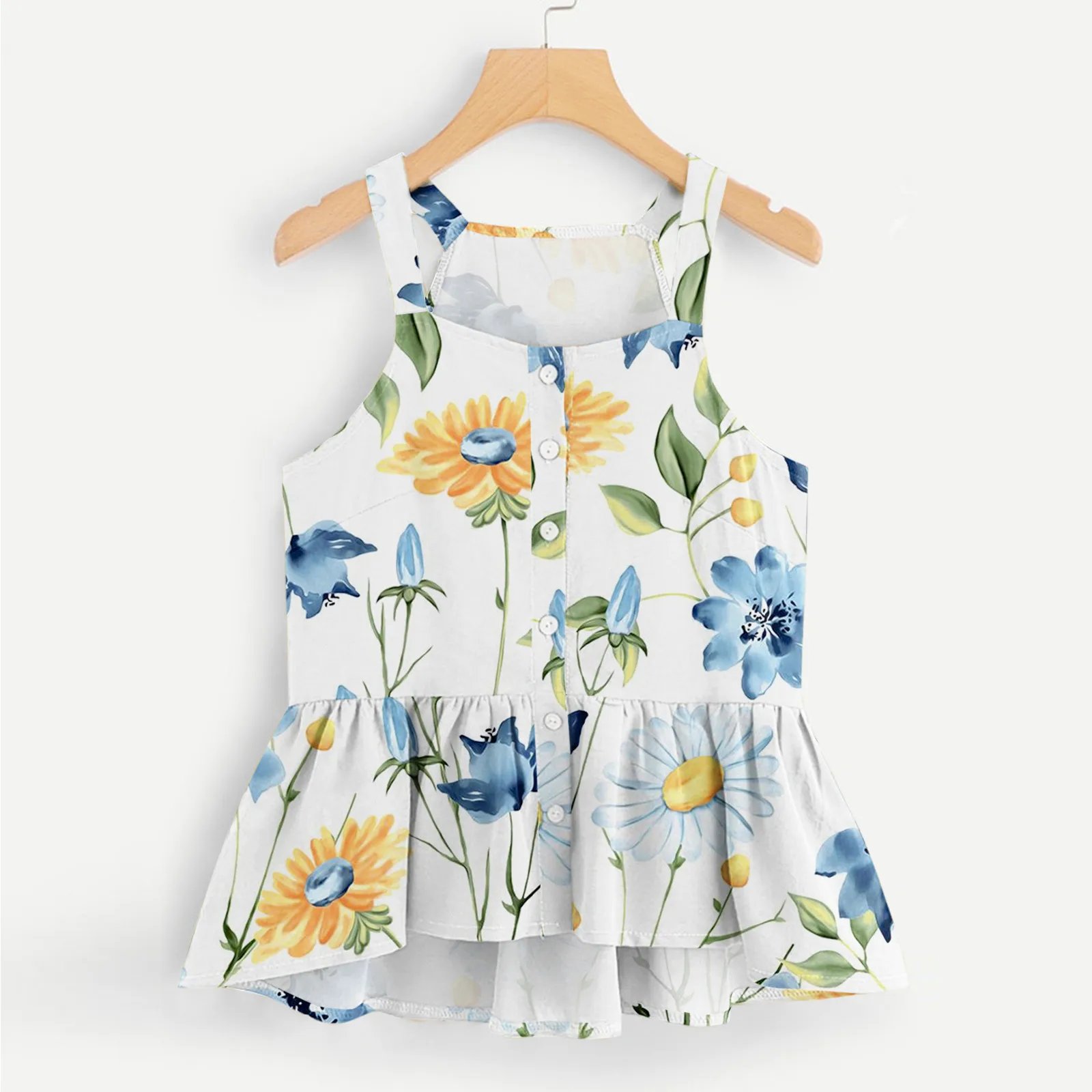 

Women Camis Vest Flower Printed Ruffles Hem Crop Top Camisole Single Ruffle Breasted Sleeveless Beach Blouses Femme Tank Cropped