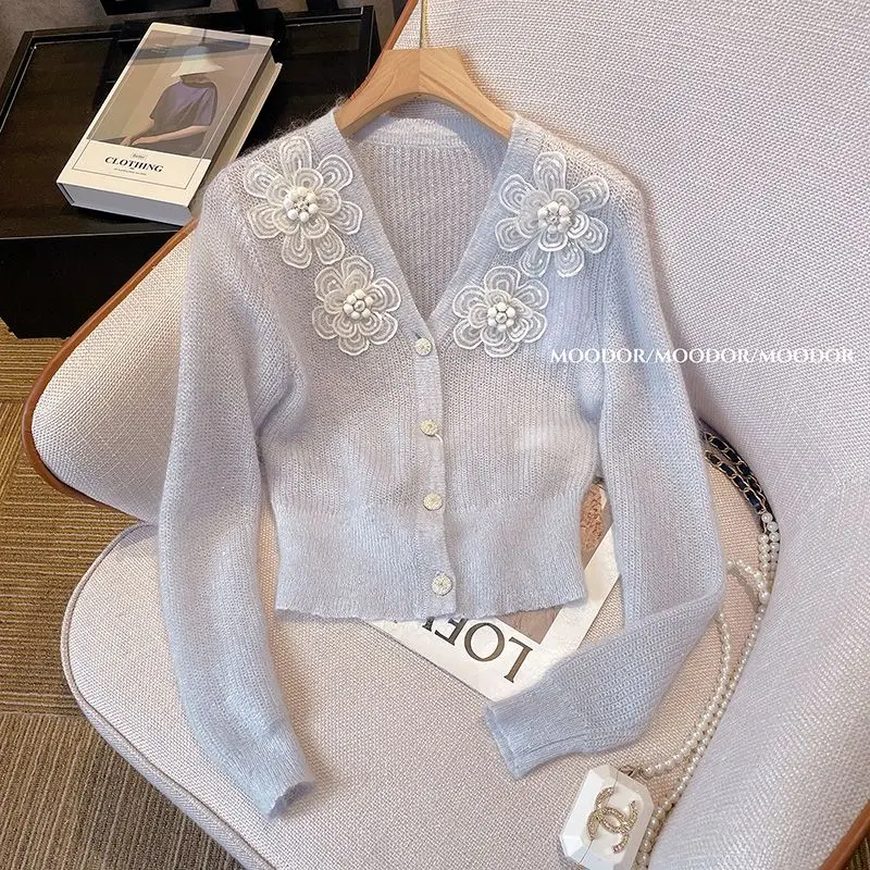 

Женский трикотажный кардиган с длинным рукавом, мягкий теплый кашемировый кардиган с объемным цветочным рисунком, X210, весна-осень